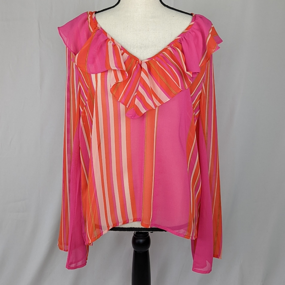 Flying Tomato Sheer Pink Orange & White Striped Ruffle V Neck Blouse, Size L